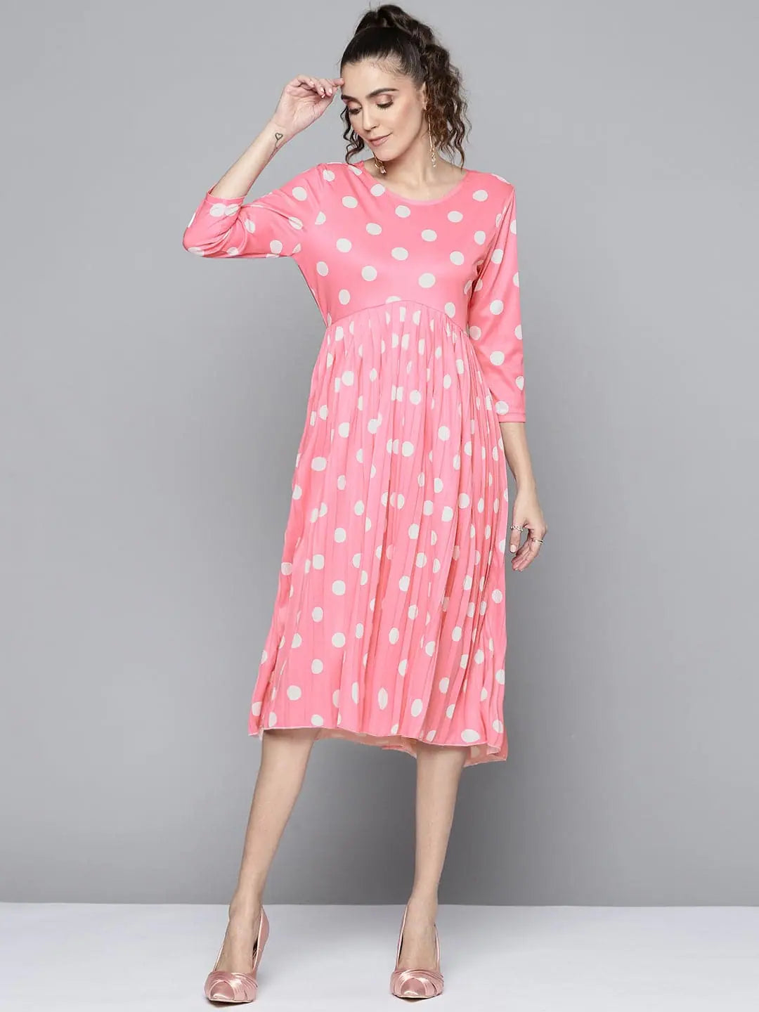 Polka Dot Pleated Dress | Women's Pink & White Midi Dress