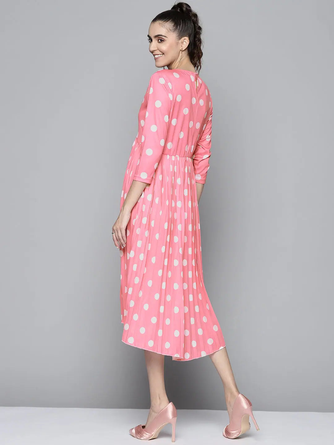 Polka Dot Pleated Dress | Women's Pink & White Midi Dress