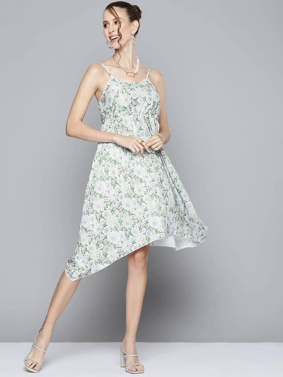 Green Floral Strappy Fit & Flare Dress | Women's Printed Dress Green Floral Strappy Fit & Flare Dress | Women's Printed Dress