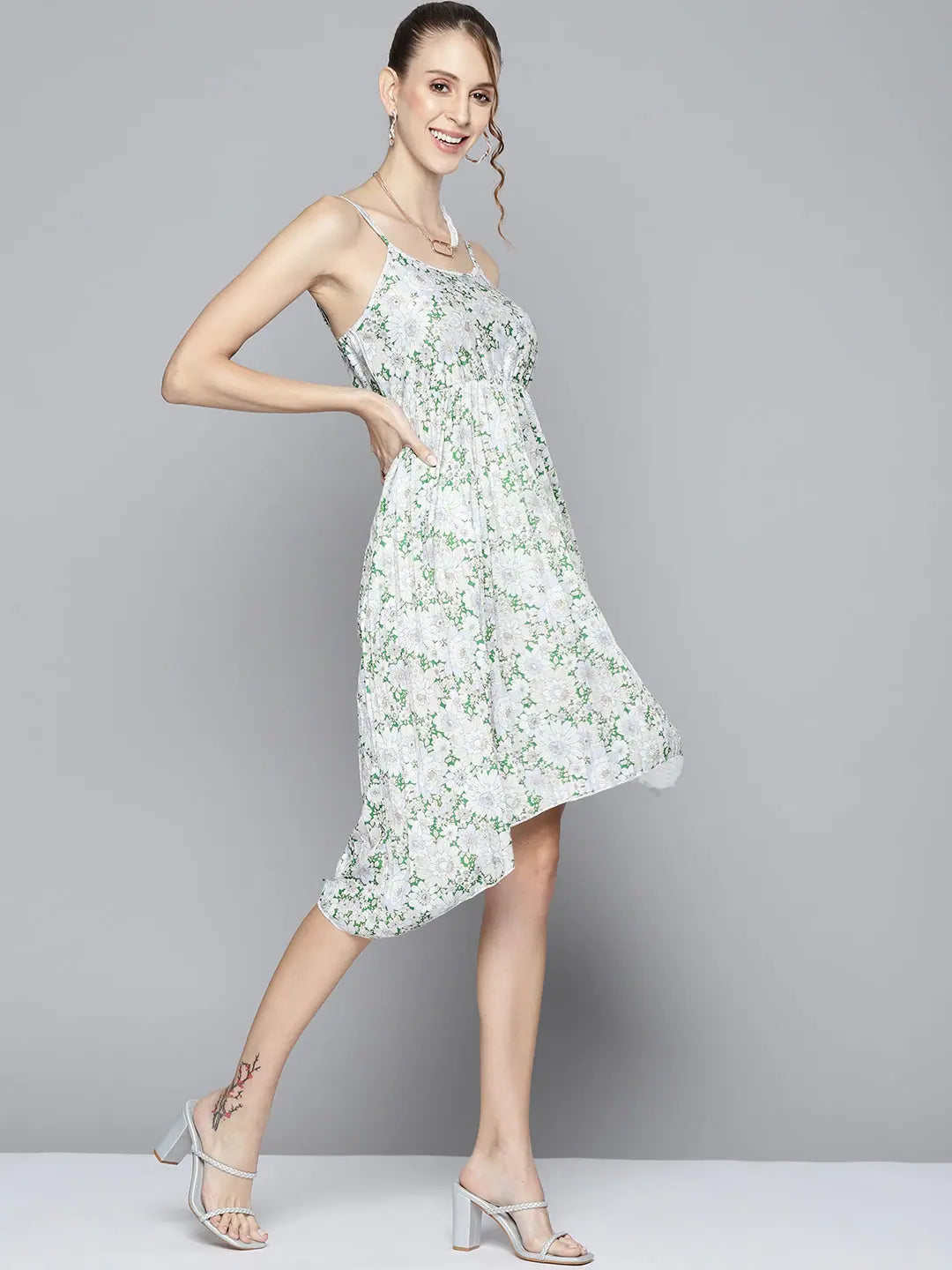 Green Floral Strappy Fit & Flare Dress | Women's Printed Dress