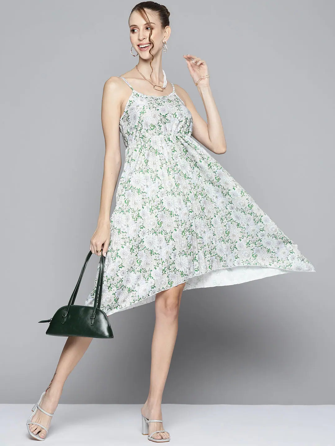Green Floral Strappy Fit & Flare Dress | Women's Printed Dress
