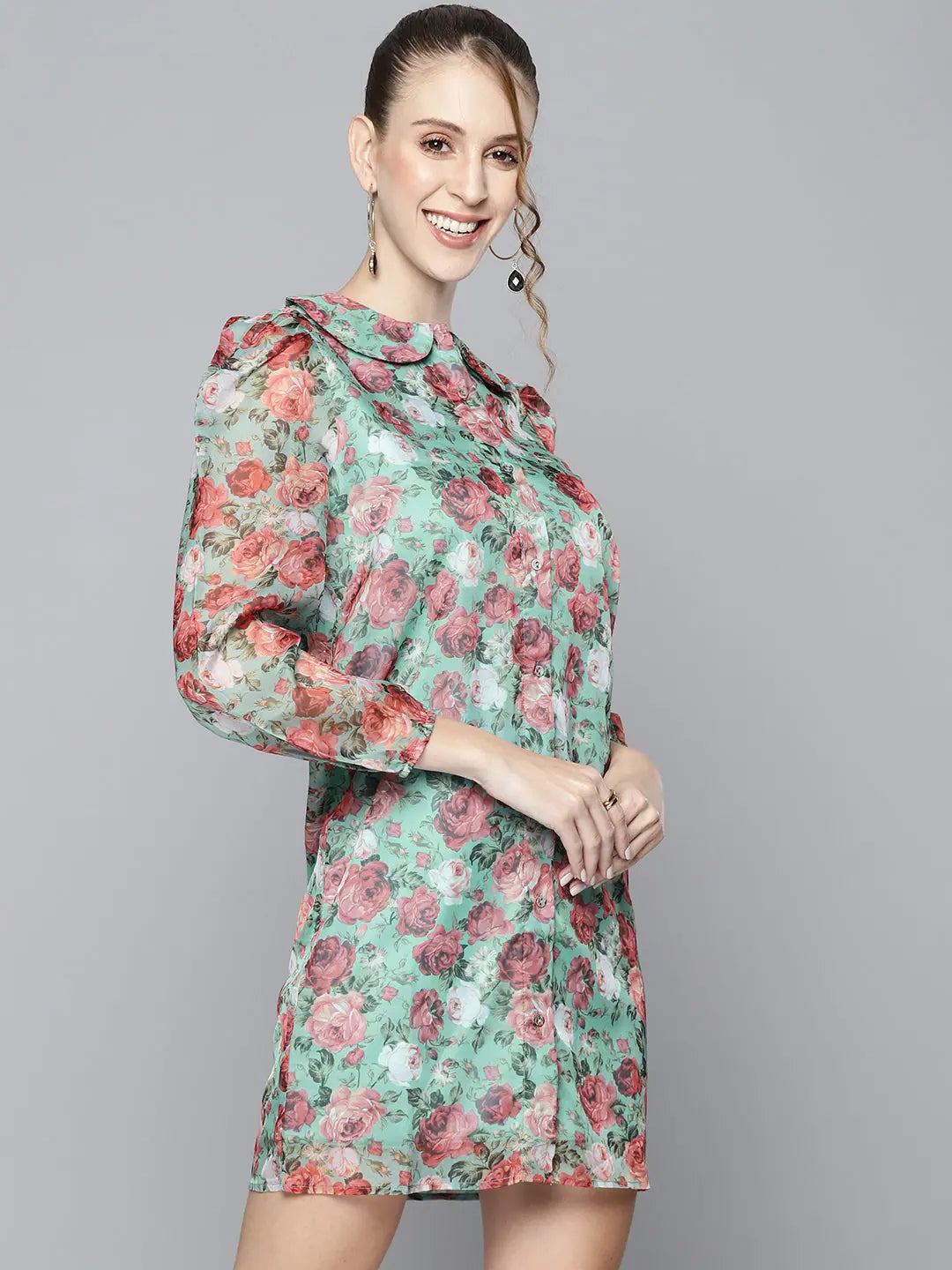 Sea Green Floral Shirt Dress - Inspired by Designer Lehenga