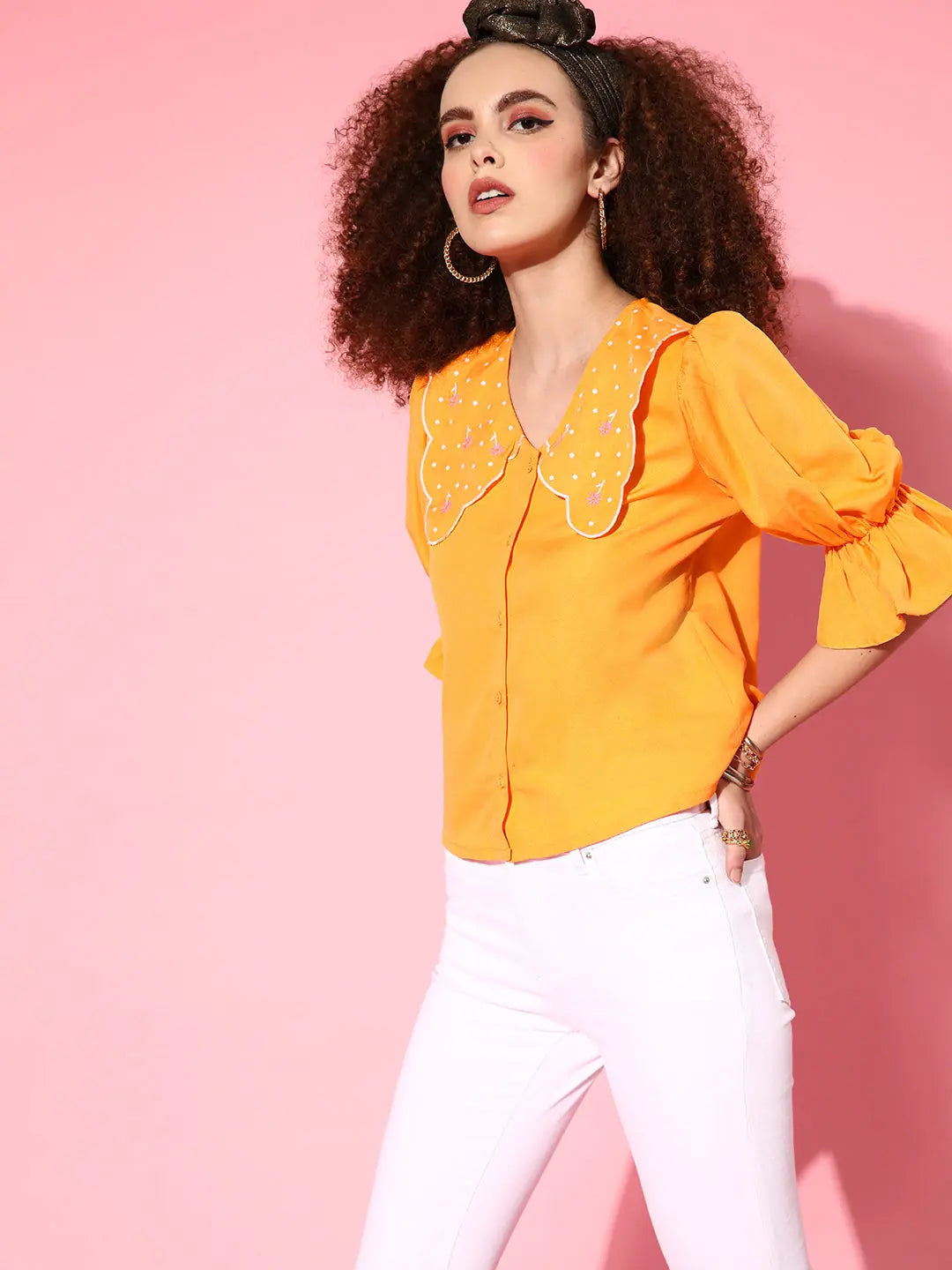 Orange Embroidered Top - Front Open Women's Top