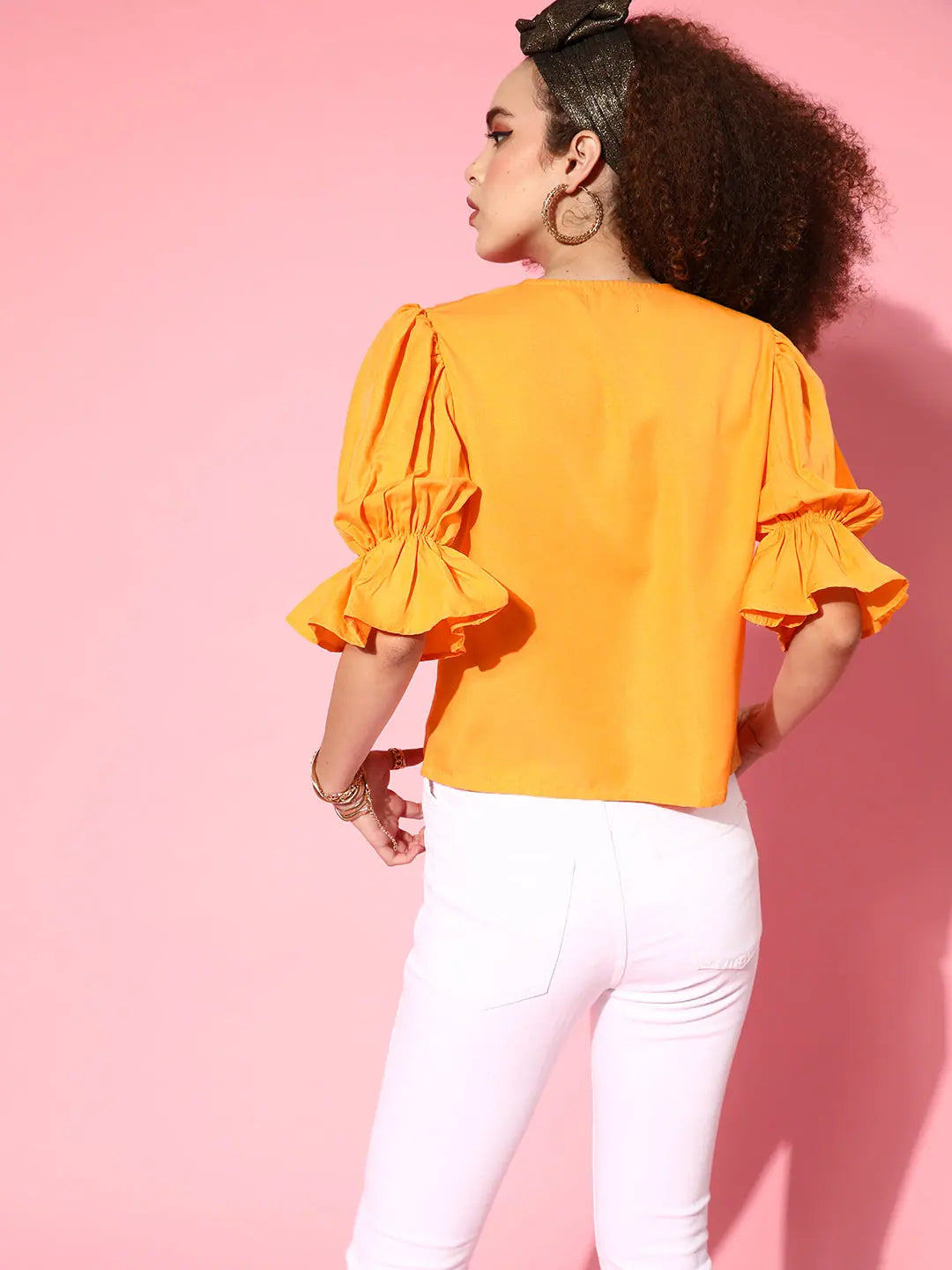 Orange Embroidered Top - Front Open Women's Top
