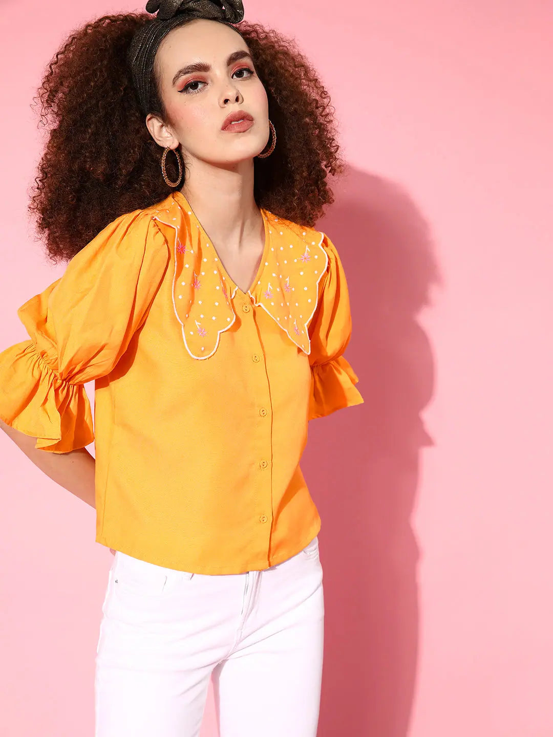 Orange Embroidered Top - Front Open Women's Top
