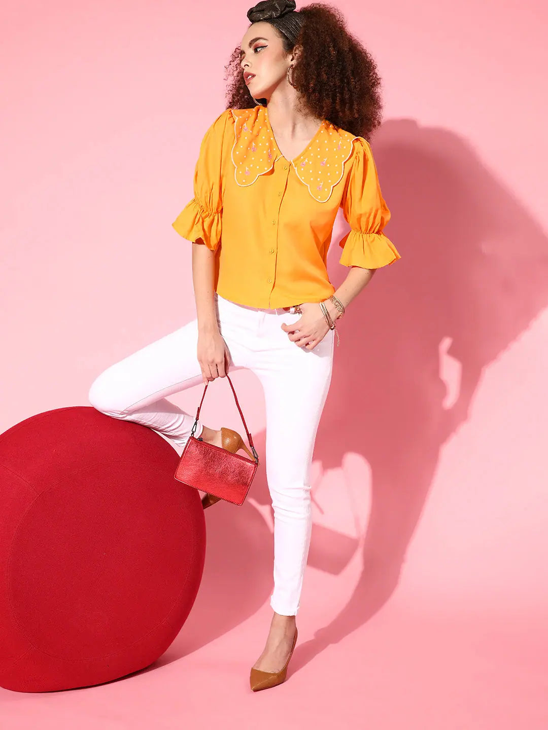 Orange Embroidered Top - Front Open Women's Top
