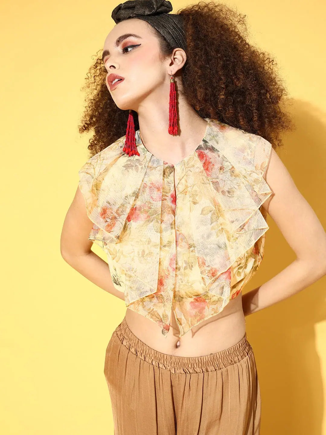 Beige Floral Crop Top - Mesh Layered Women's Top