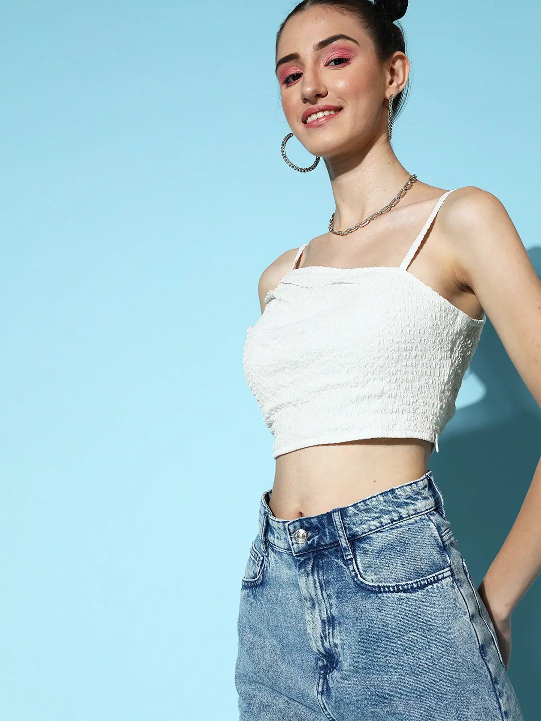 White Strappy Crop Top - Pleated Women's Top