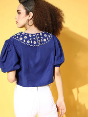 Women Royal Blue Embroidered Broad Collar Top