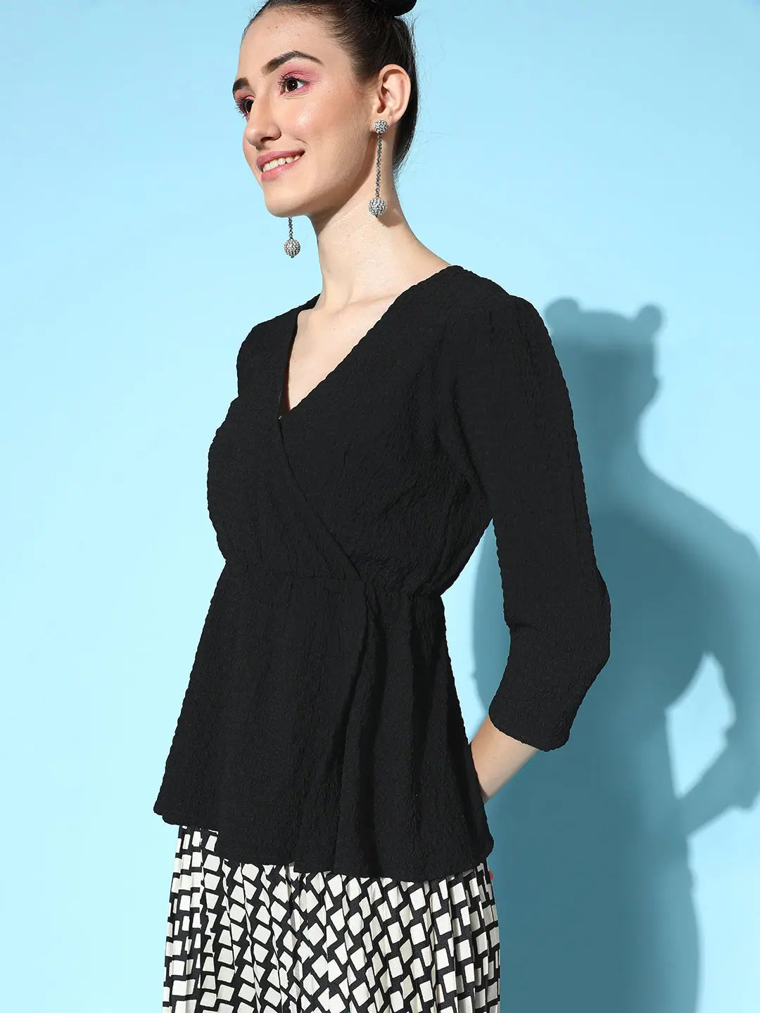 Black V-Neck Wrap Peplum Top - Party Wear Lehenga