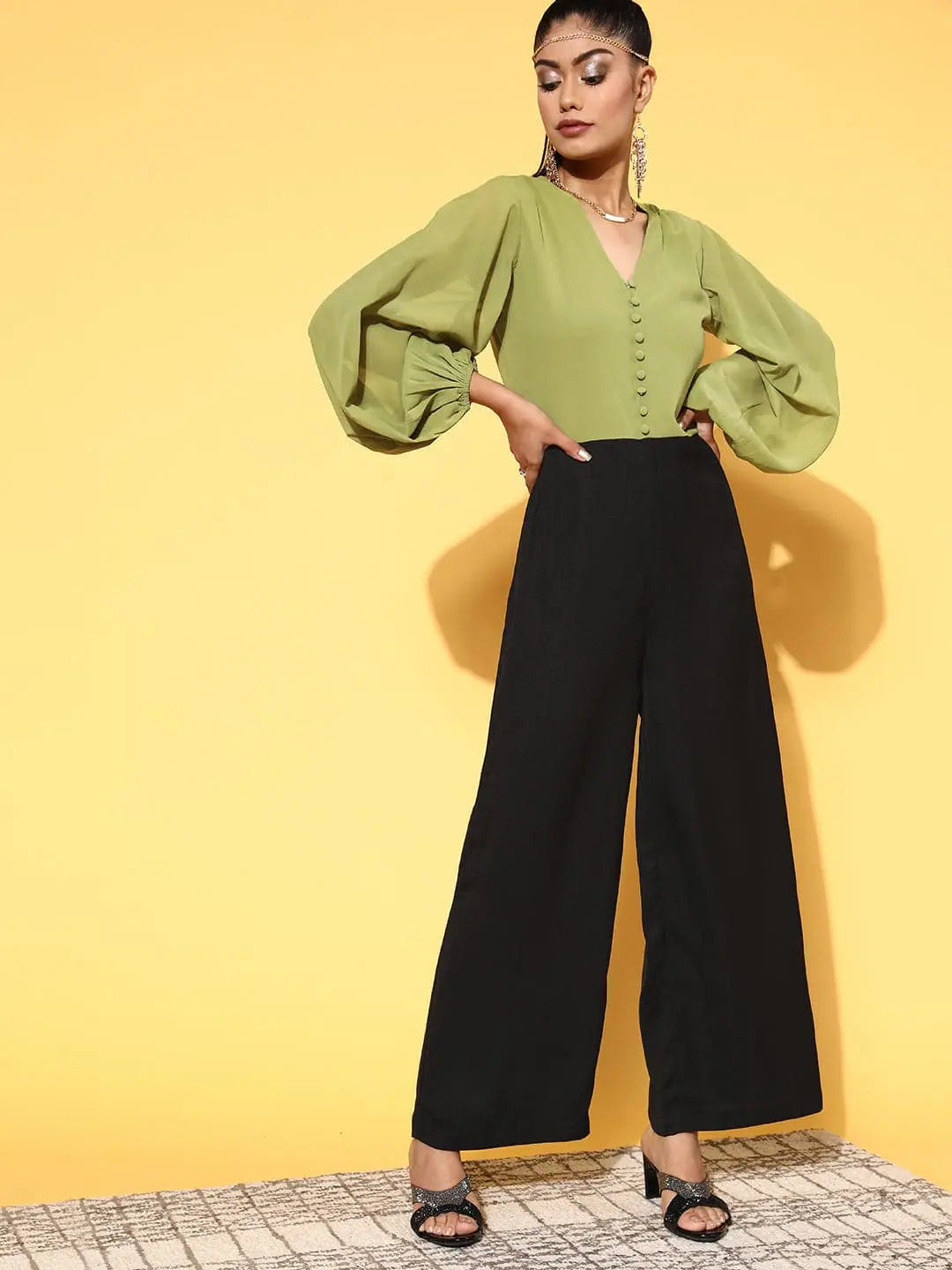 Green Volume Sleeve Jumpsuit | Women's Fashion Jumpsuit