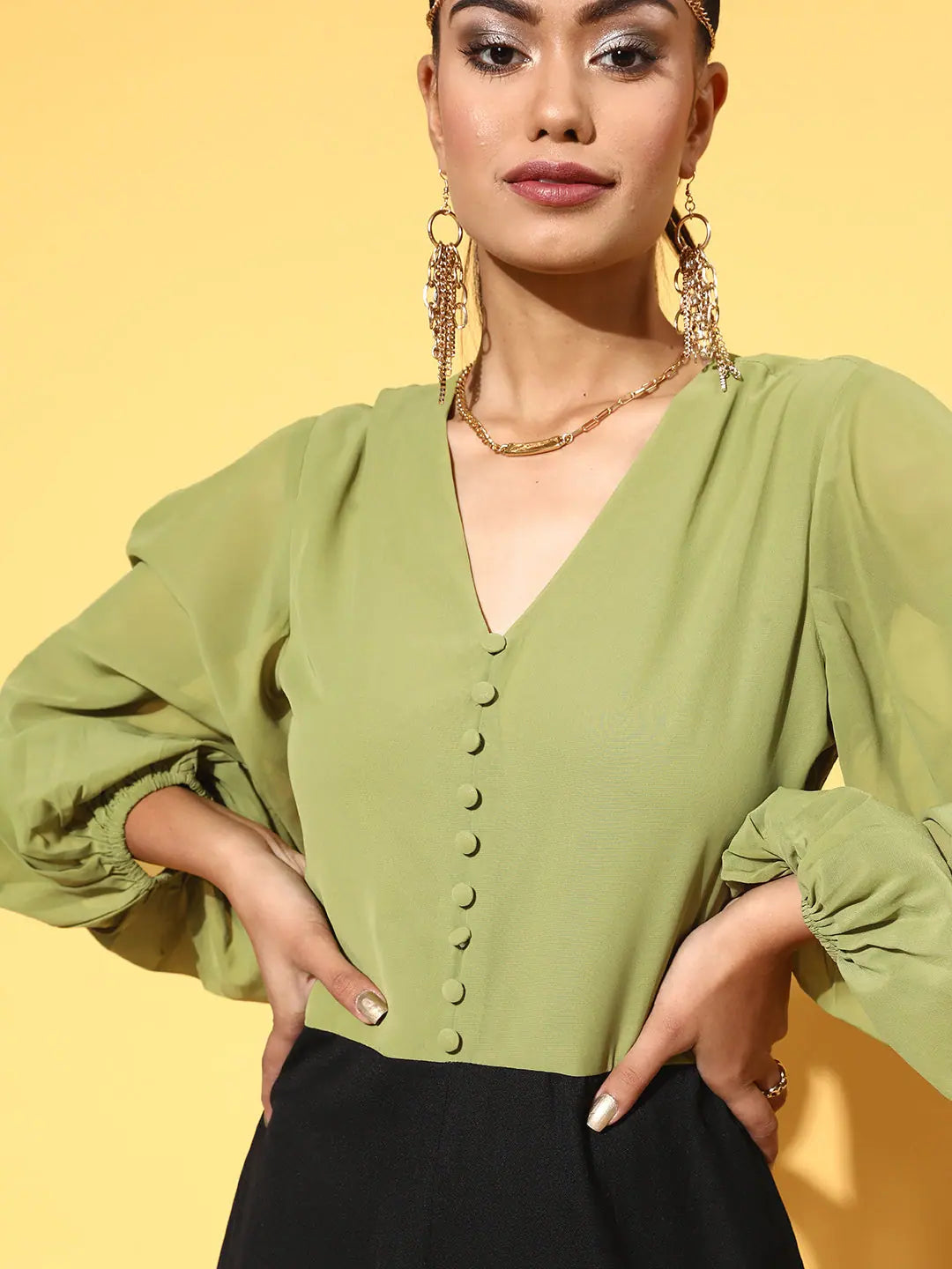 Green Volume Sleeve Jumpsuit | Women's Fashion Jumpsuit