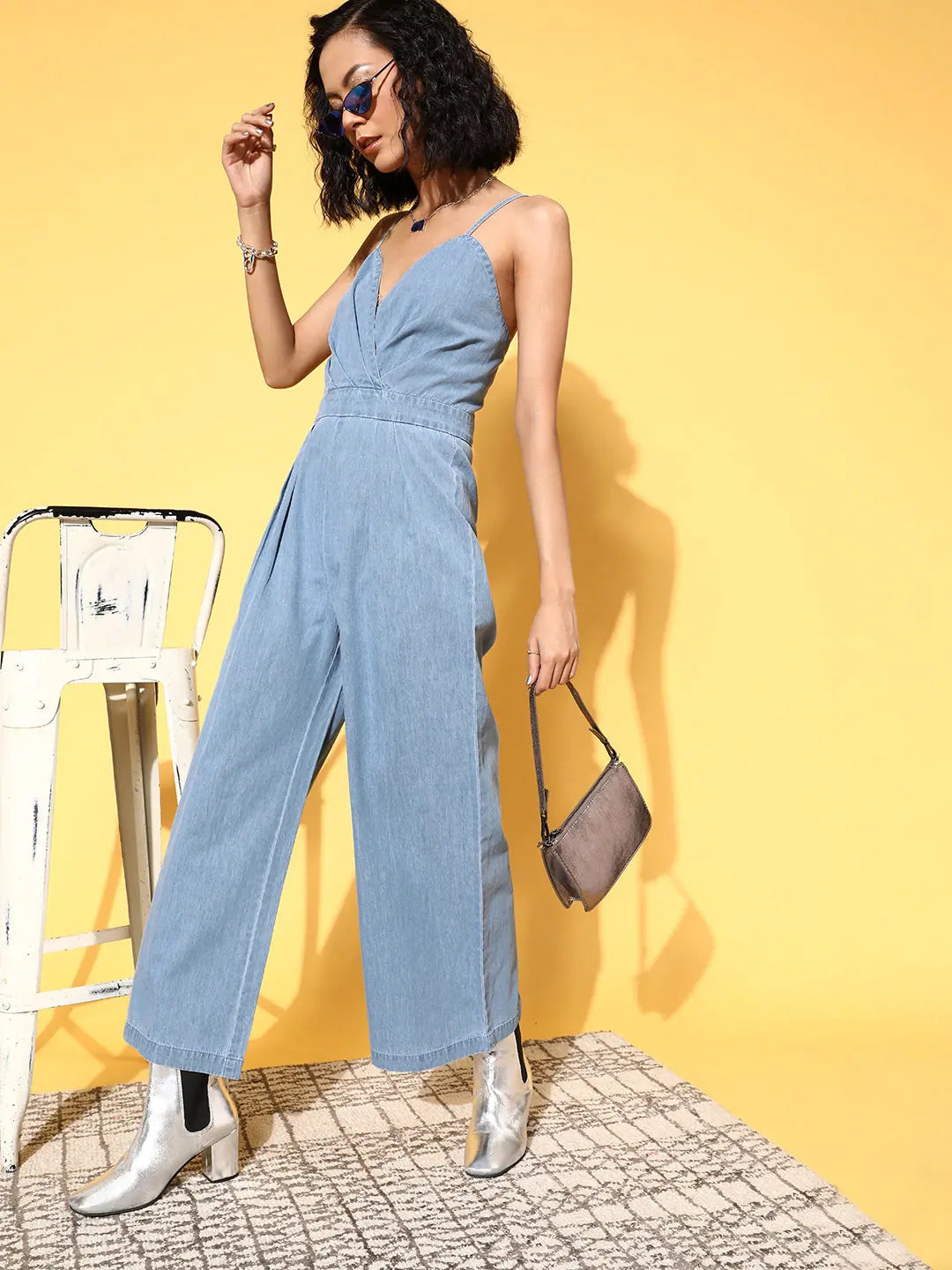 Women's Blue Solid Tencel Jumpsuit | Designer Jumpsuit