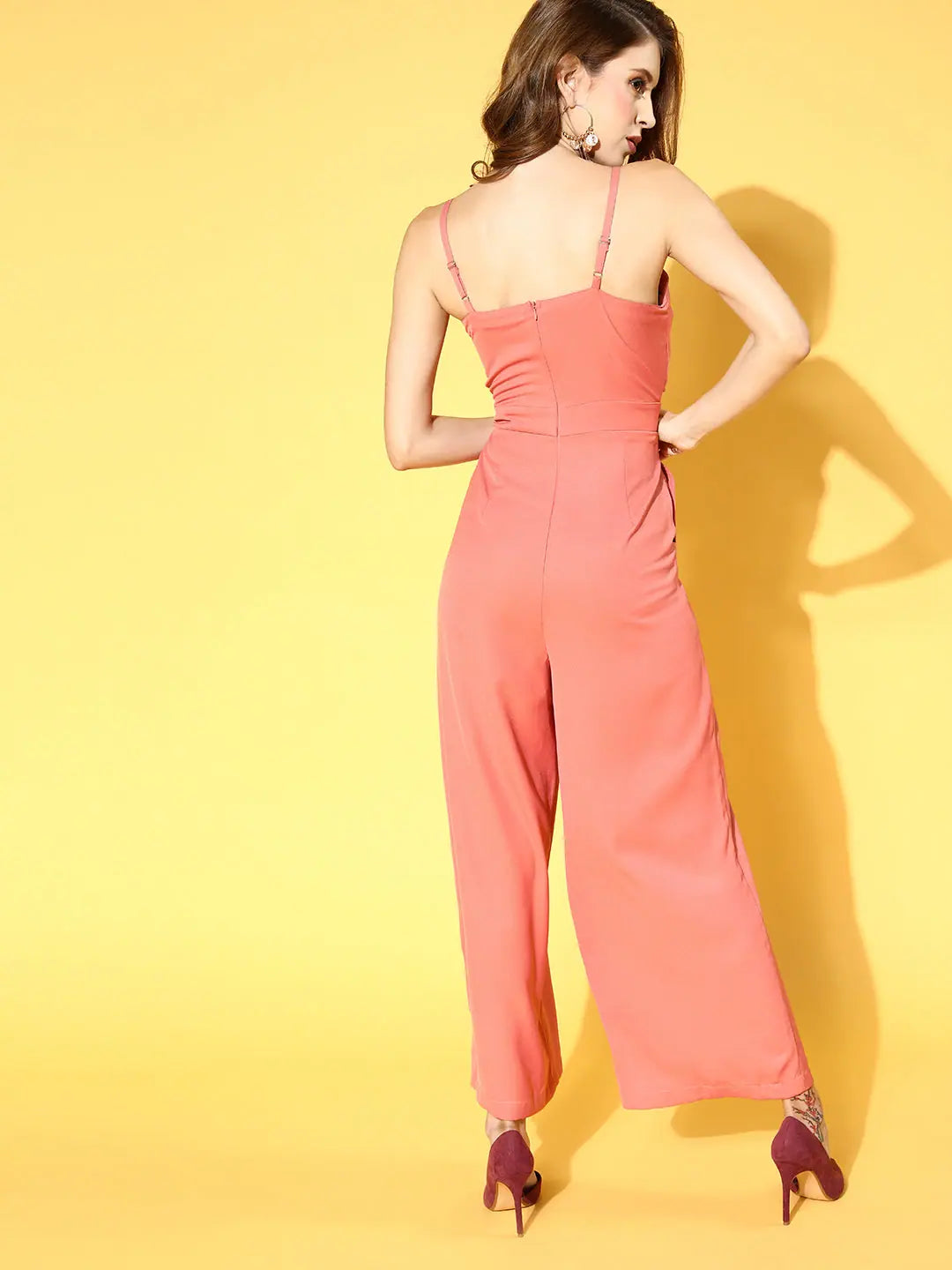 Women's Solid Pink Jumpsuit & Set | Front Tie-Knot Detail