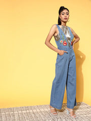 Women Embroidered Blue Jumpsuits & Sets
