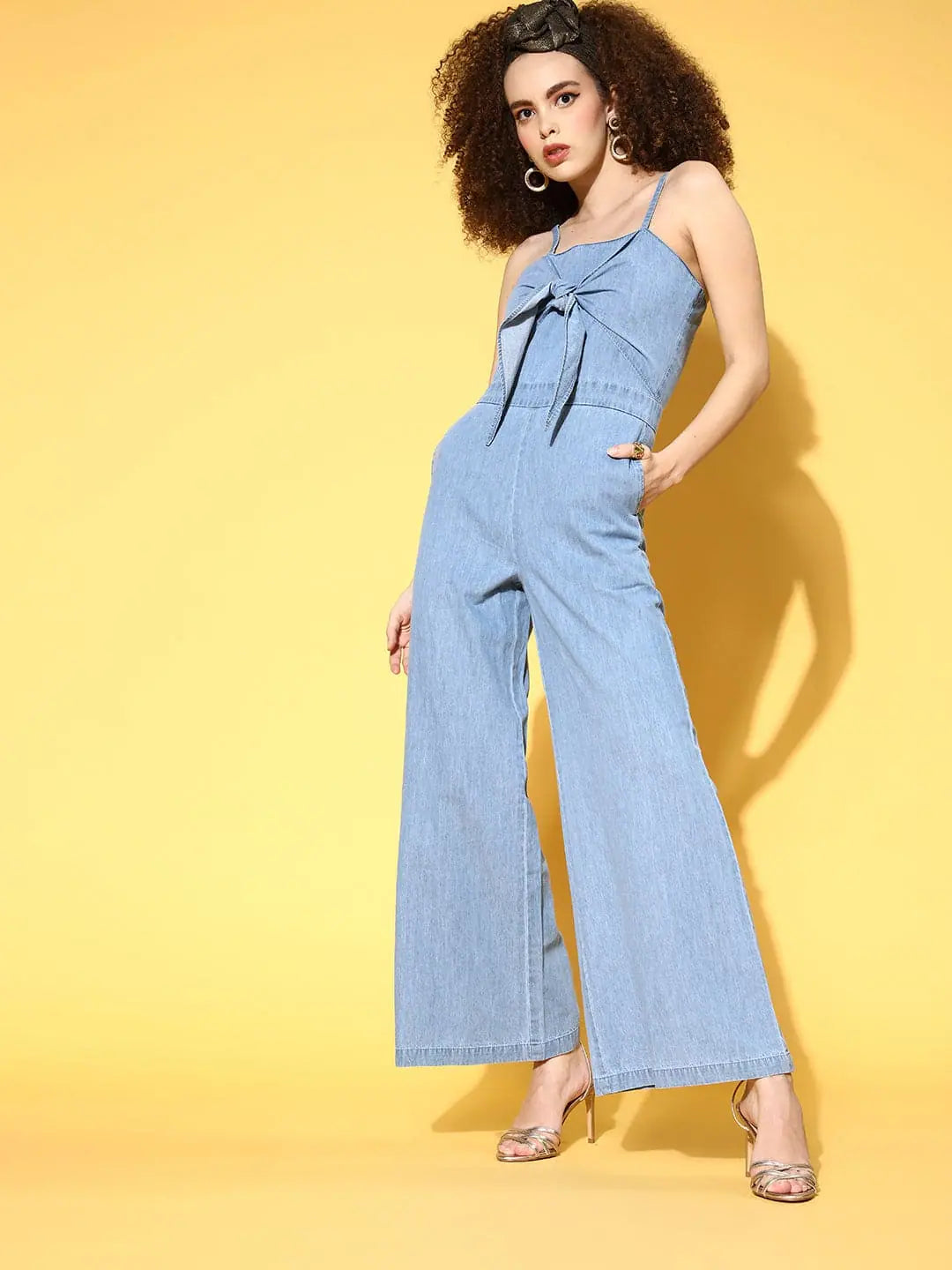 Blue Solid Jumpsuit for Women | Tie Front Detail