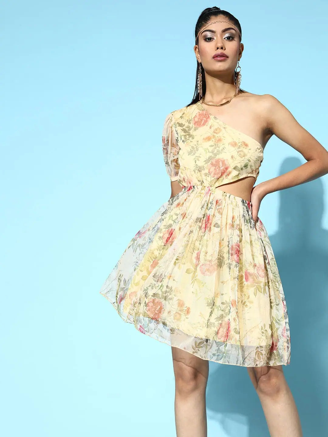 Floral Mesh One Shoulder Frill Dress - Women's Clothing