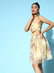 Women Beige Floral Mesh One Shoulder Frill Hem Dress