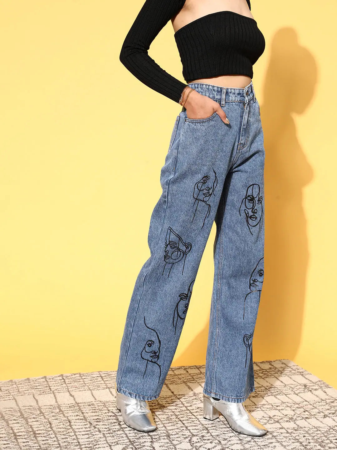 Women Blue Line Art Print Straight Jeans | Denim Cotton