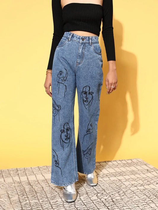 Women Blue Line-Art Print Straight Jeans 1080