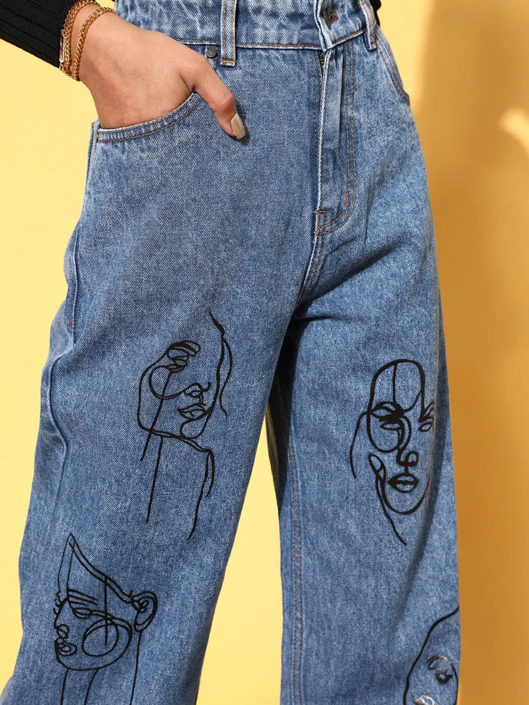 Women Blue Line Art Print Straight Jeans | Denim Cotton