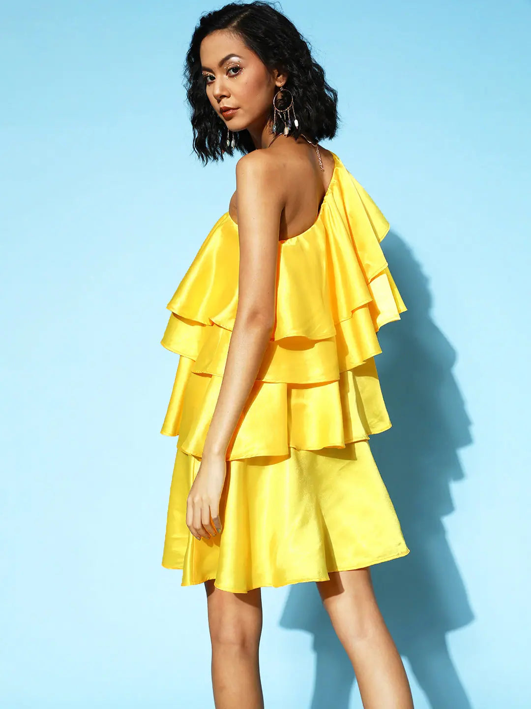Yellow Satin One Shoulder Layered Dress - Women's Dress