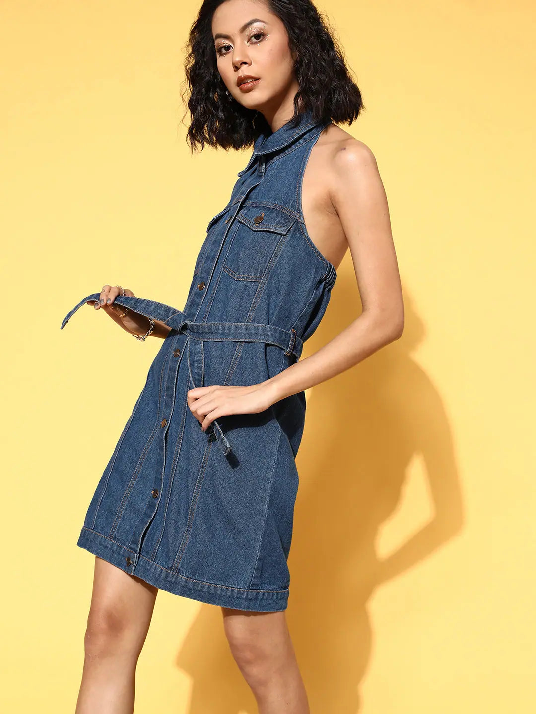Women's Halter Neck Denim Dress - Stylish Blue Dress