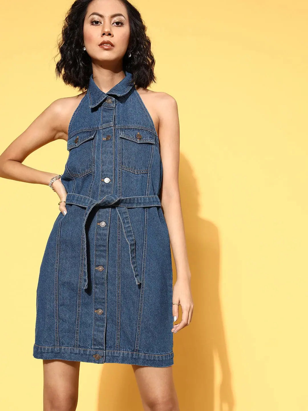 Women's Halter Neck Denim Dress - Stylish Blue Dress