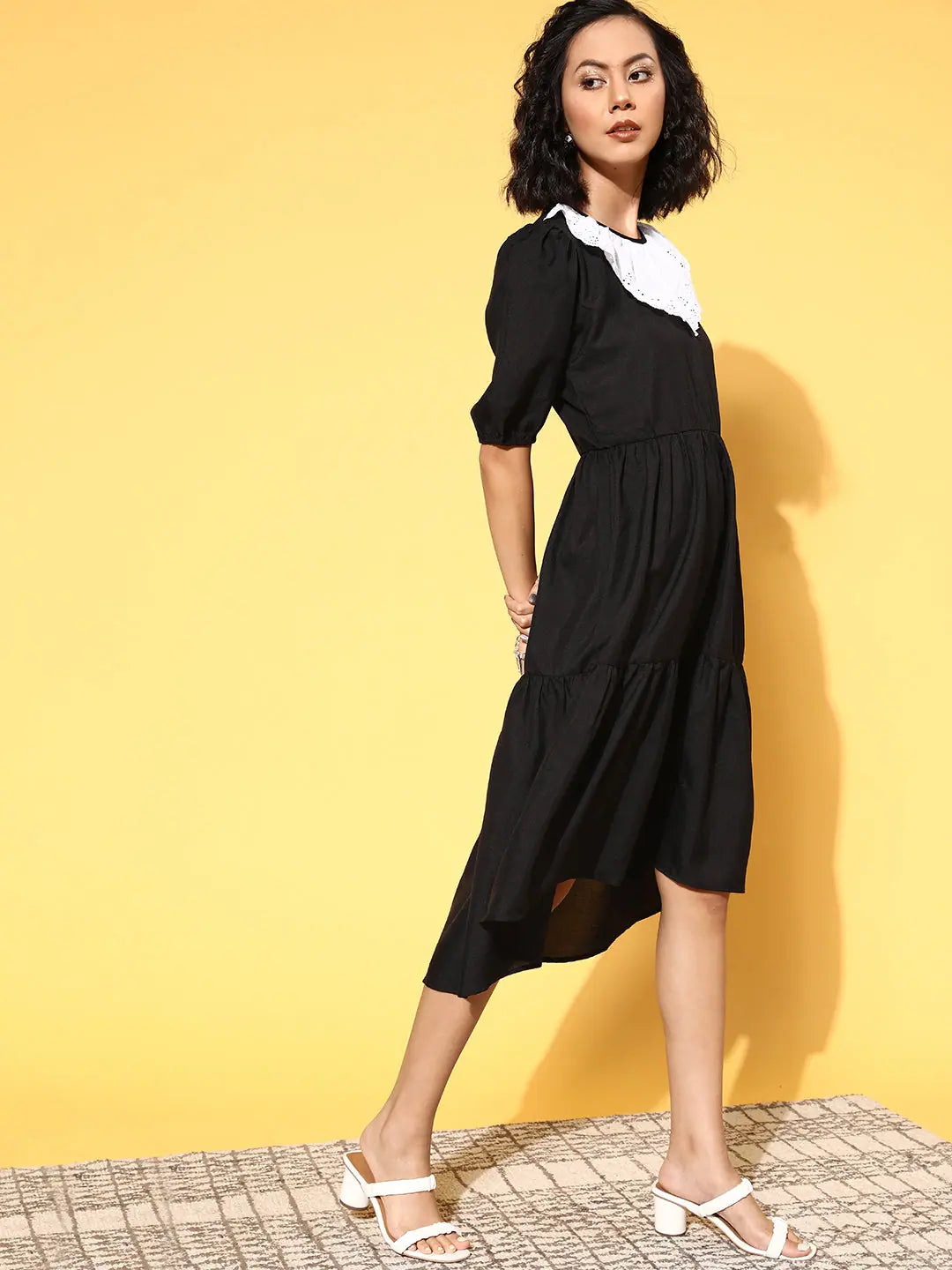 Women's Black & White Schiffli Collar Midi Dress