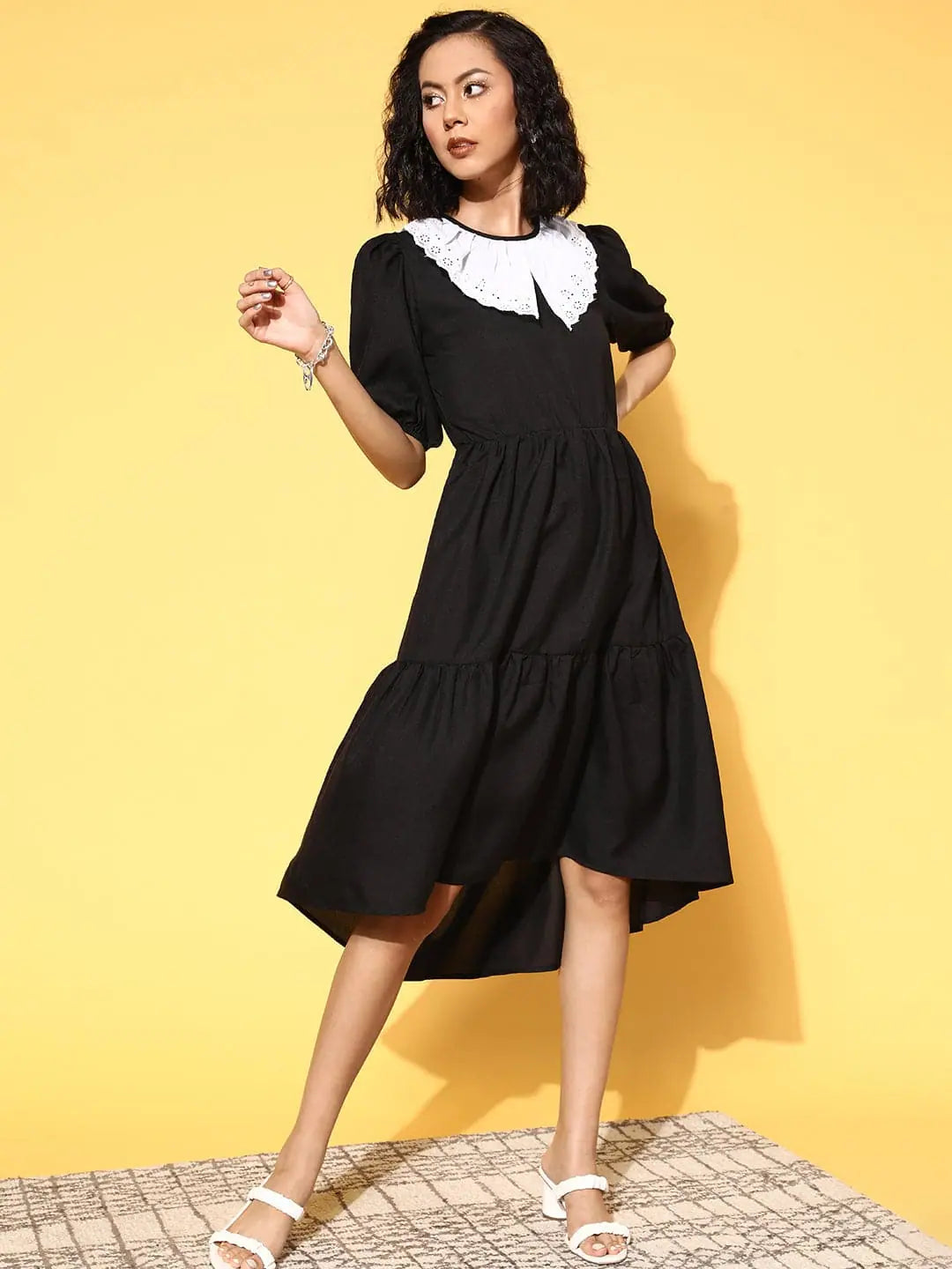 Women's Black & White Schiffli Collar Midi Dress