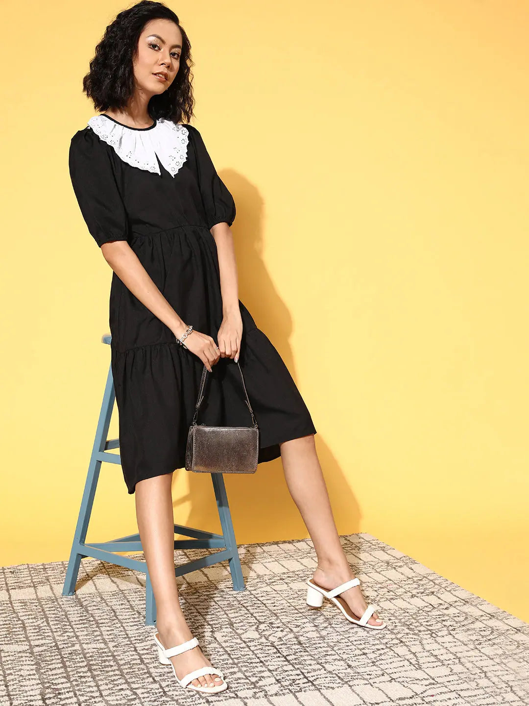 Women's Black & White Schiffli Collar Midi Dress