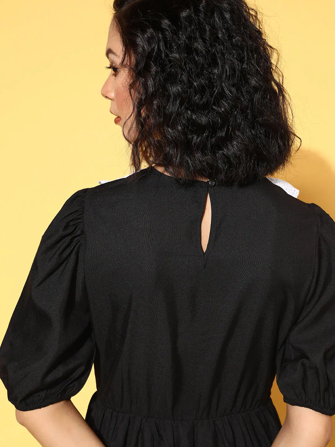 Women's Black & White Schiffli Collar Midi Dress