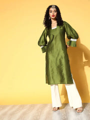 Women Olive Pleated Sleeves Detail Lace Kurta