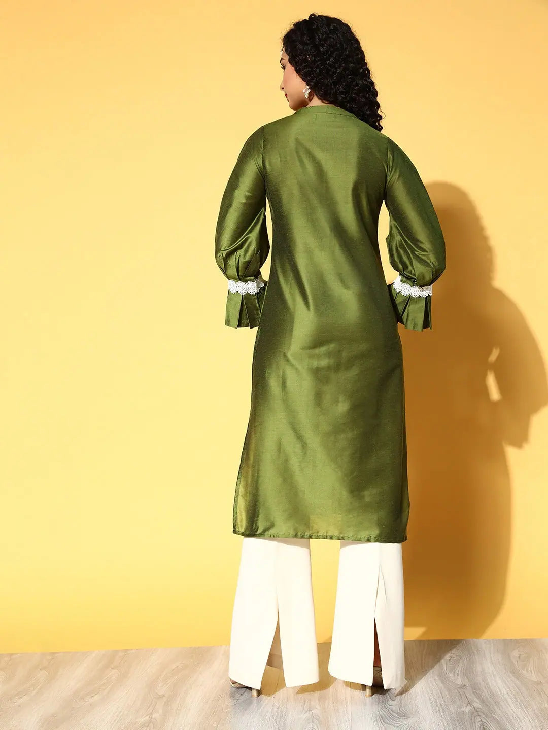 Olive Lace Kurta with Pleated Sleeves | Indian Kurtas for Women