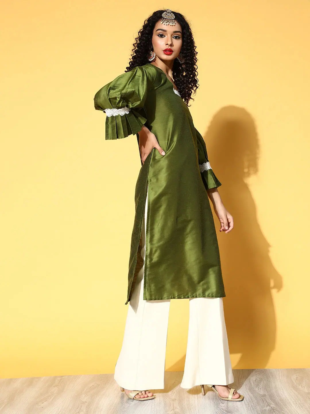 Olive Lace Kurta with Pleated Sleeves | Indian Kurtas for Women