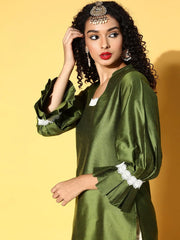 Women Olive Pleated Sleeves Detail Lace Kurta