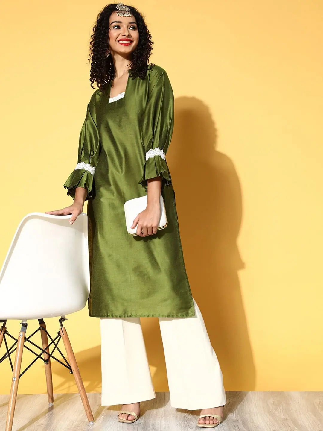 Women Olive Pleated Sleeves Detail Lace Kurta