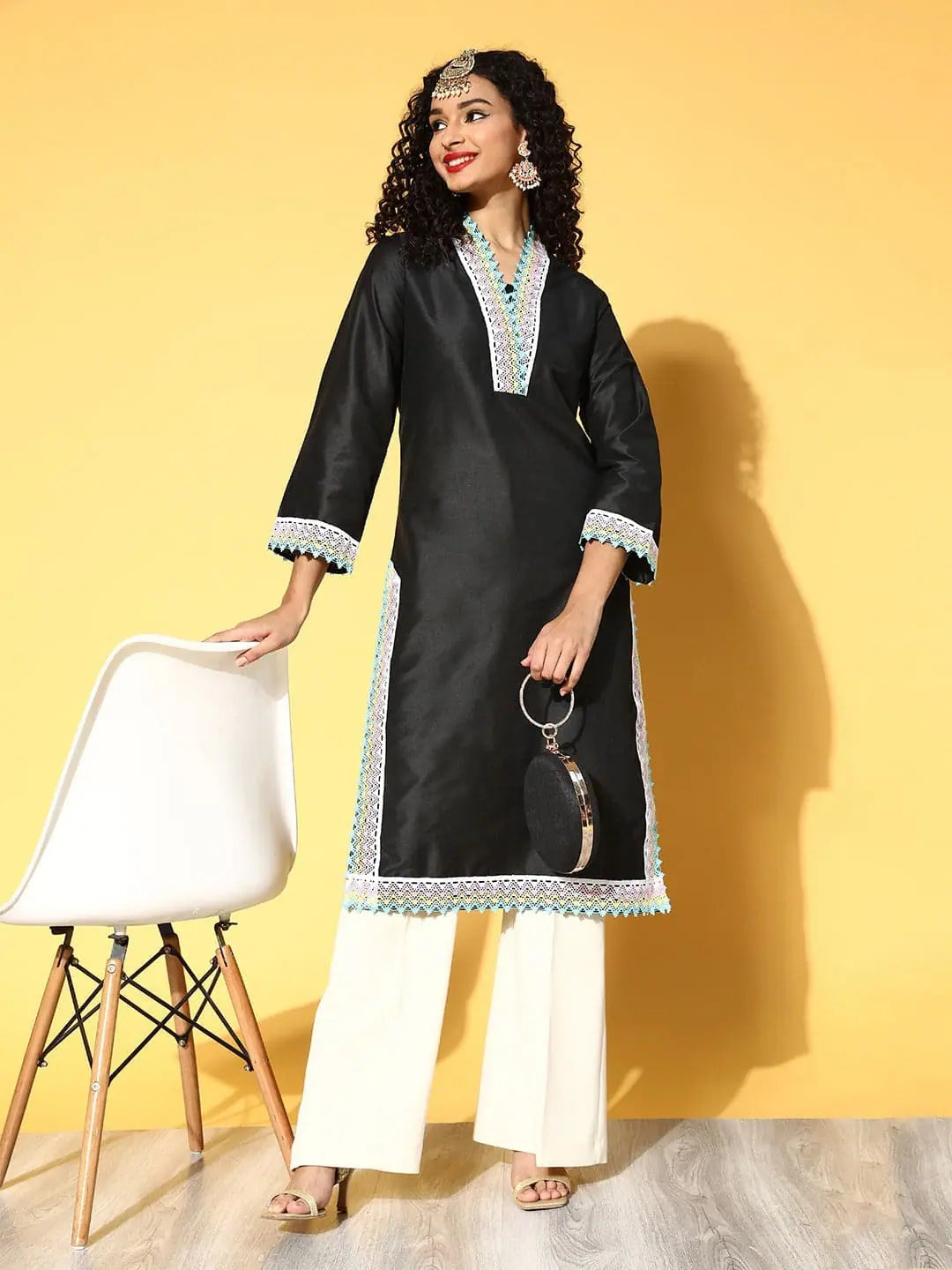 Black Lace Detail Kurta - Women's Indian Kurtas Collection