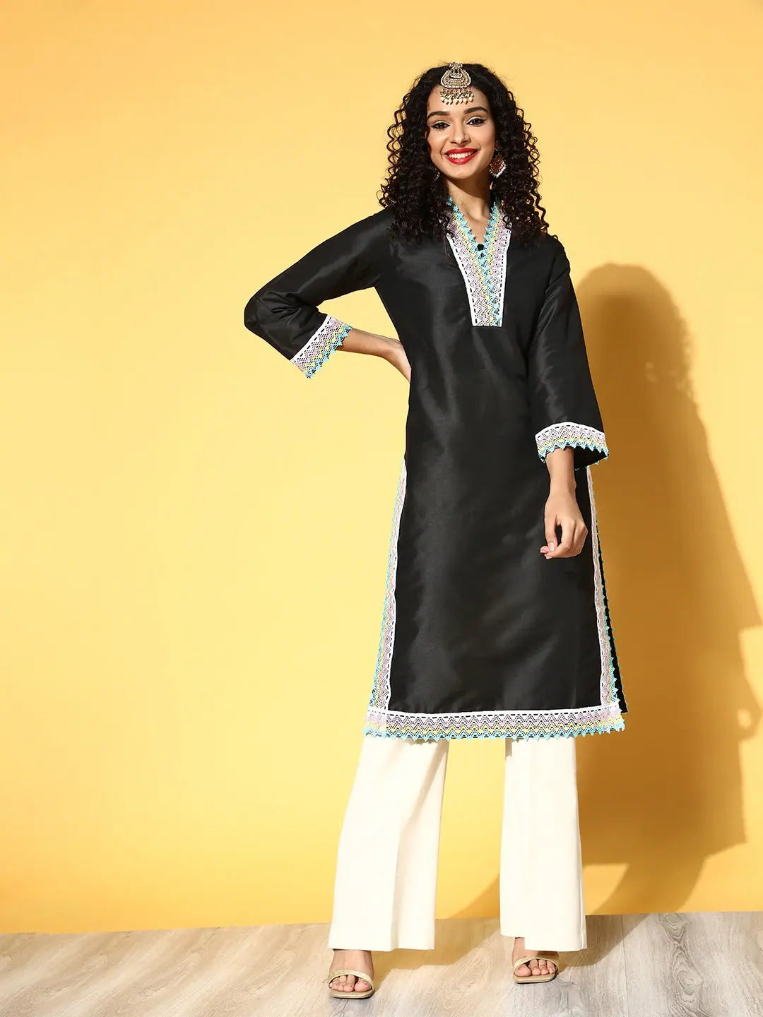 Black Lace Detail Kurta - Women's Indian Kurtas Collection