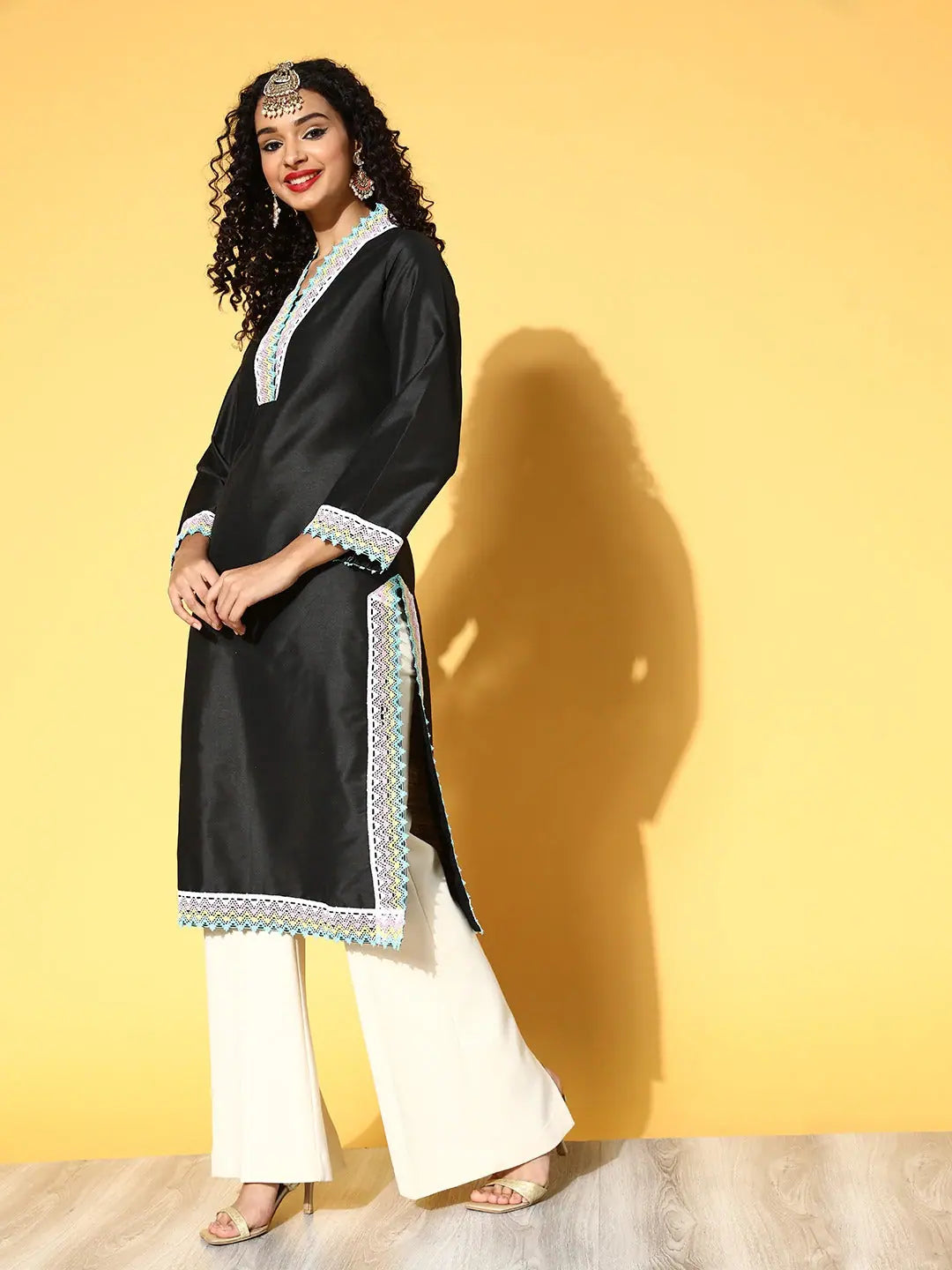 Black Lace Detail Kurta - Women's Indian Kurtas Collection