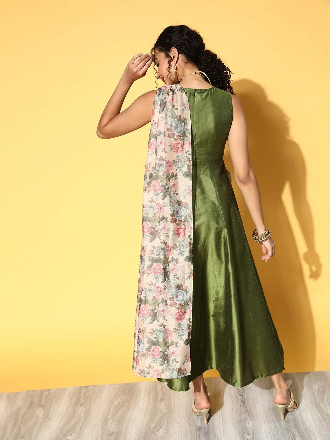 Olive Anarkali Maxi with Floral Dupatta | Women's Anarkali Dress