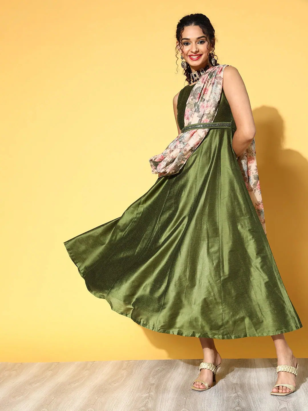 Olive Anarkali Maxi with Floral Dupatta | Women's Anarkali Dress
