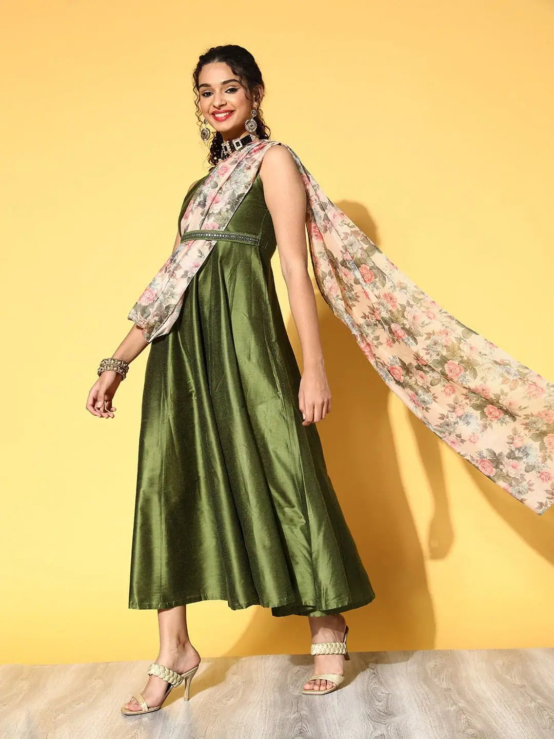 Olive Anarkali Maxi with Floral Dupatta | Women's Anarkali Dress