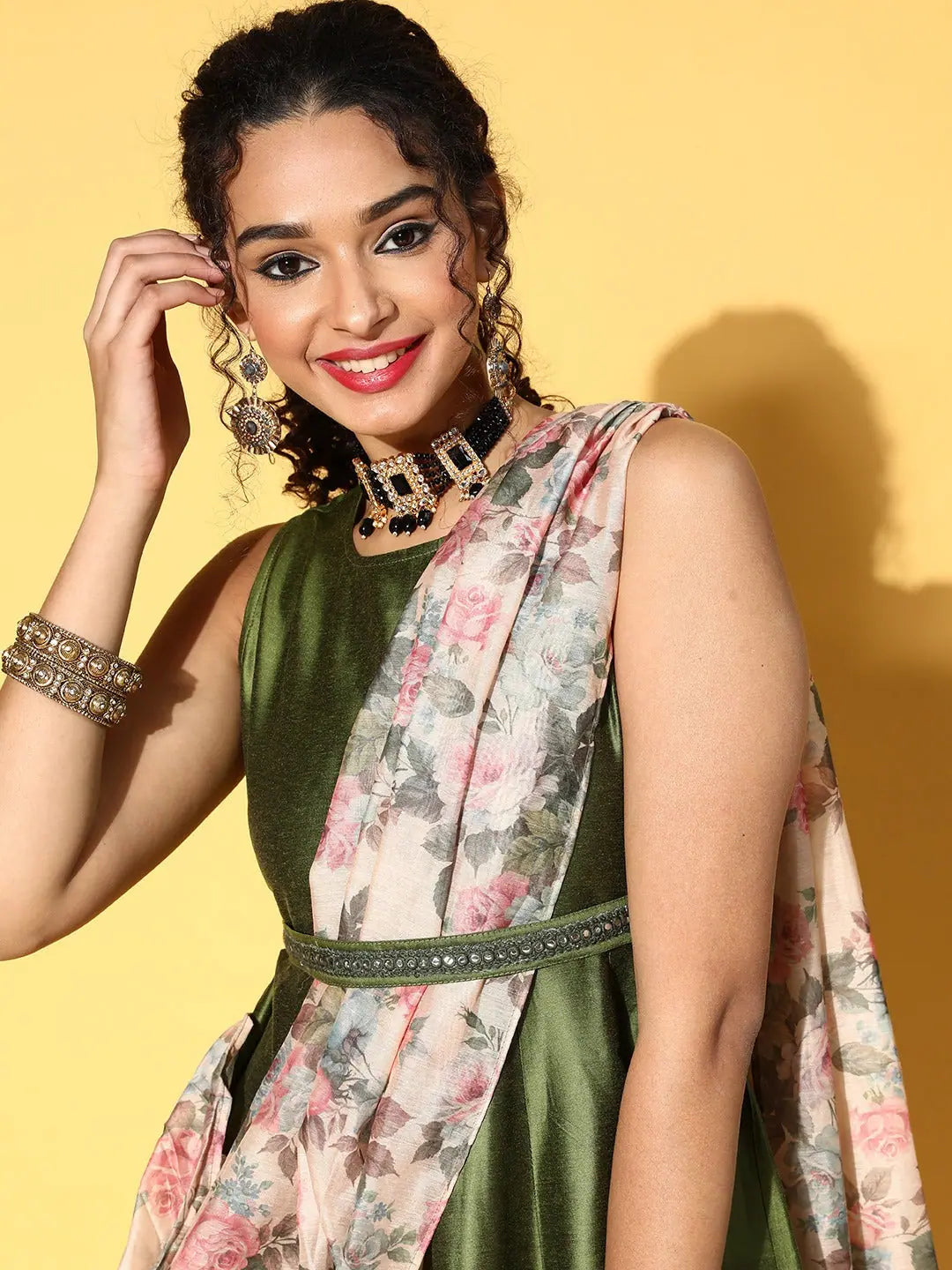 Olive Anarkali Maxi with Floral Dupatta | Women's Anarkali Dress