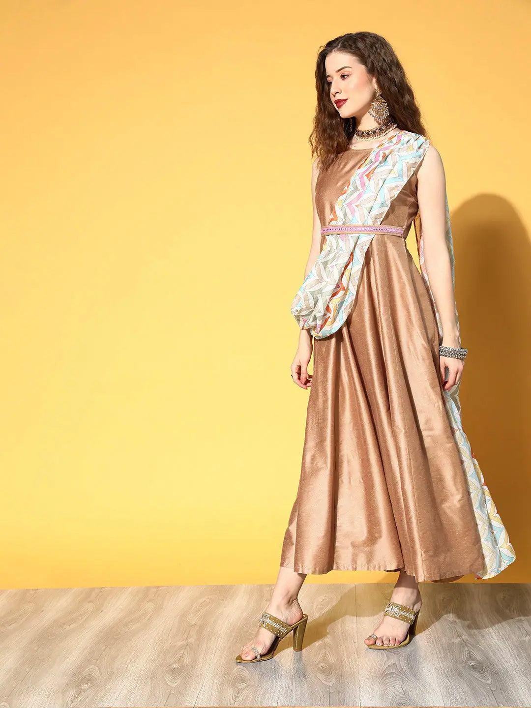 Beige Anarkali Maxi Dress with Stripe Dupatta | Anarkali Kurta