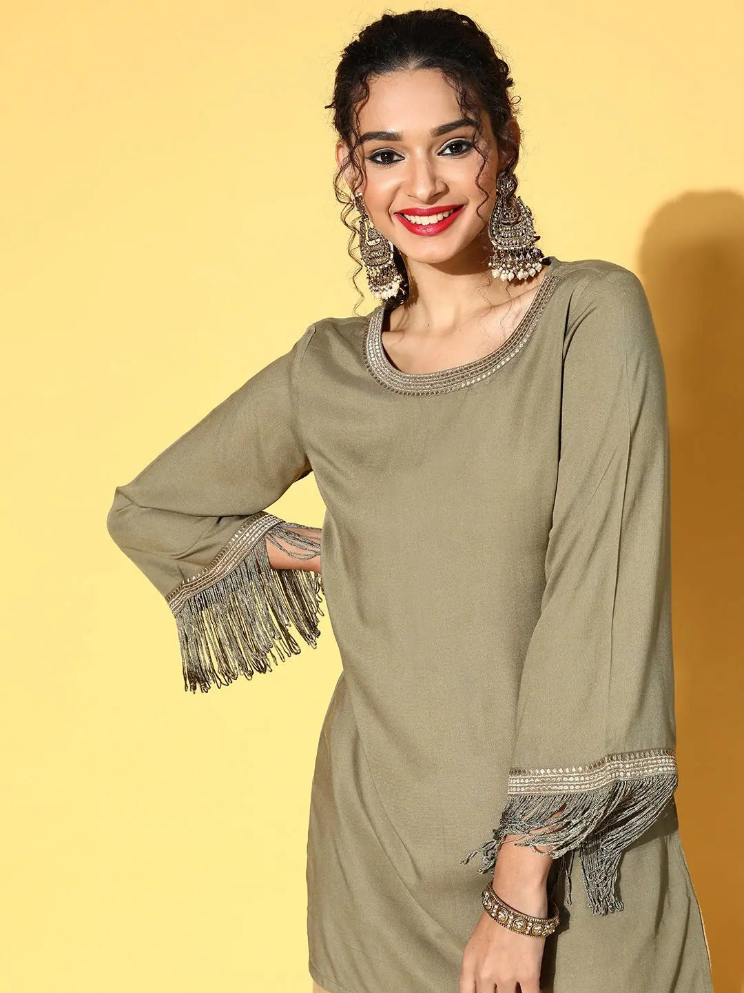 Olive Zari Embroidered Indian Kurta - Fringe Lace Tunic Top