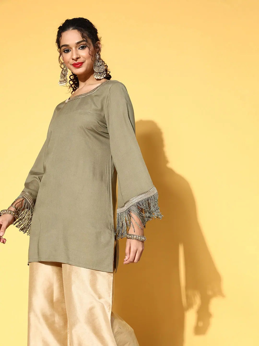 Olive Zari Embroidered Indian Kurta - Fringe Lace Tunic Top