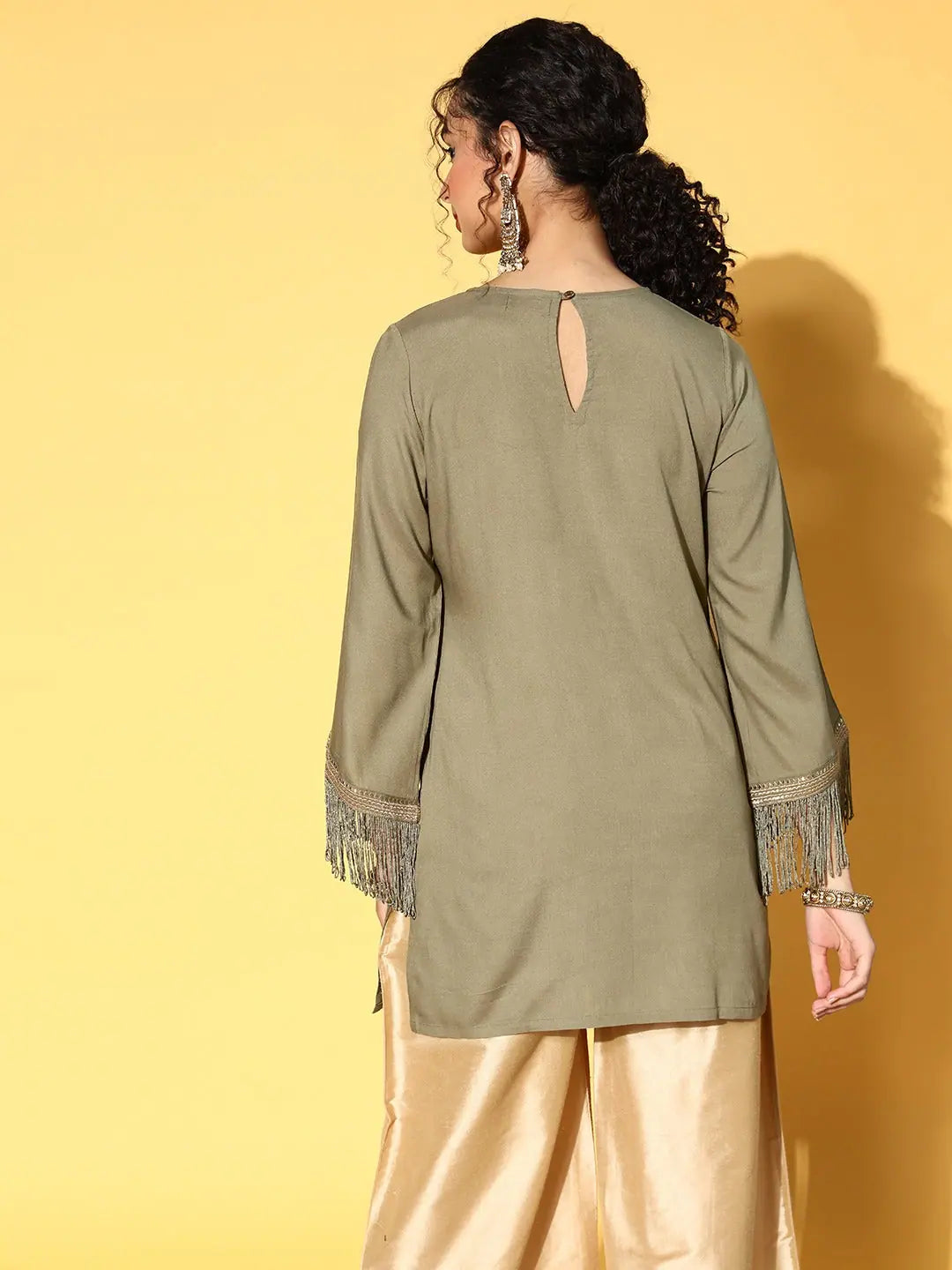 Olive Zari Embroidered Indian Kurta - Fringe Lace Tunic Top
