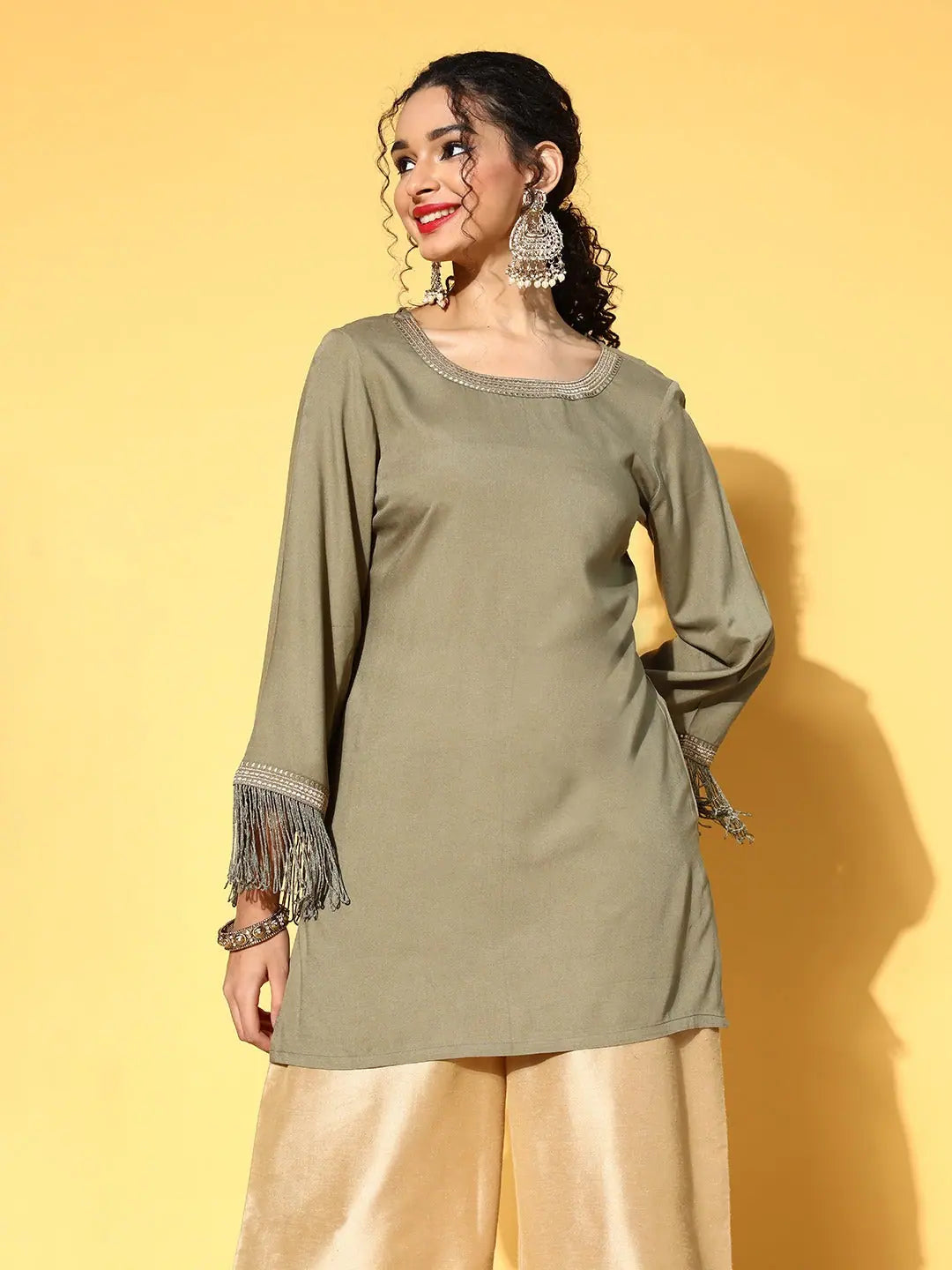 Olive Zari Embroidered Indian Kurta - Fringe Lace Tunic Top