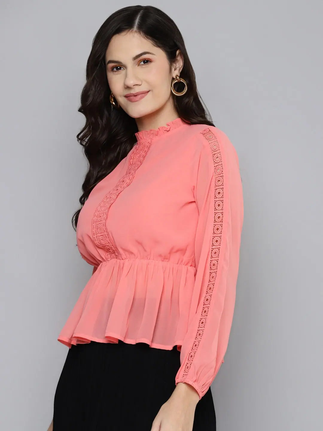 Dark Peach Women's Top - Georgette Lehenga Choli Style Peplum Top